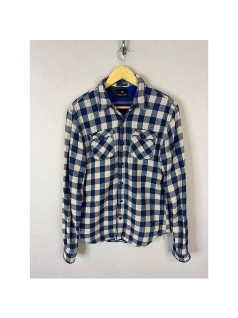 Scotch & Soda Mens Blue Cream Buffalo Check Flannel Shirt Retro De Luxe Medium